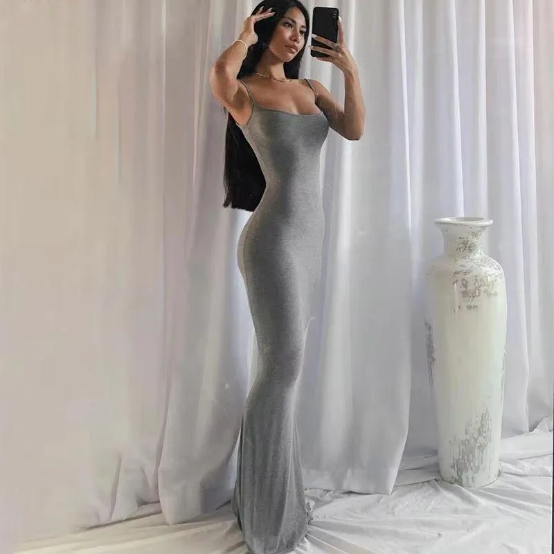 Damen Einfarbiges Kleid Ärmelloses Rückenfreies Schlankes Sexy Maxikleid Weibliches Party Y2K Schlichtes Bodycon Elegantes Kleid