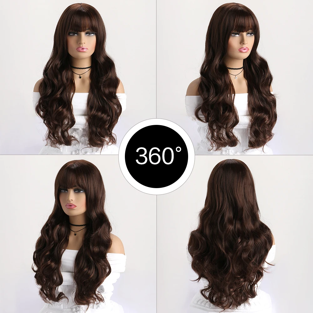 شعر مستعار اصطناعي طويل مموج للنساء، شعر مستعار مموج طبيعي مع غرة، شعر مستعار من الألياف المقاومة للحرارة لحفلات الهالوين اليومية
