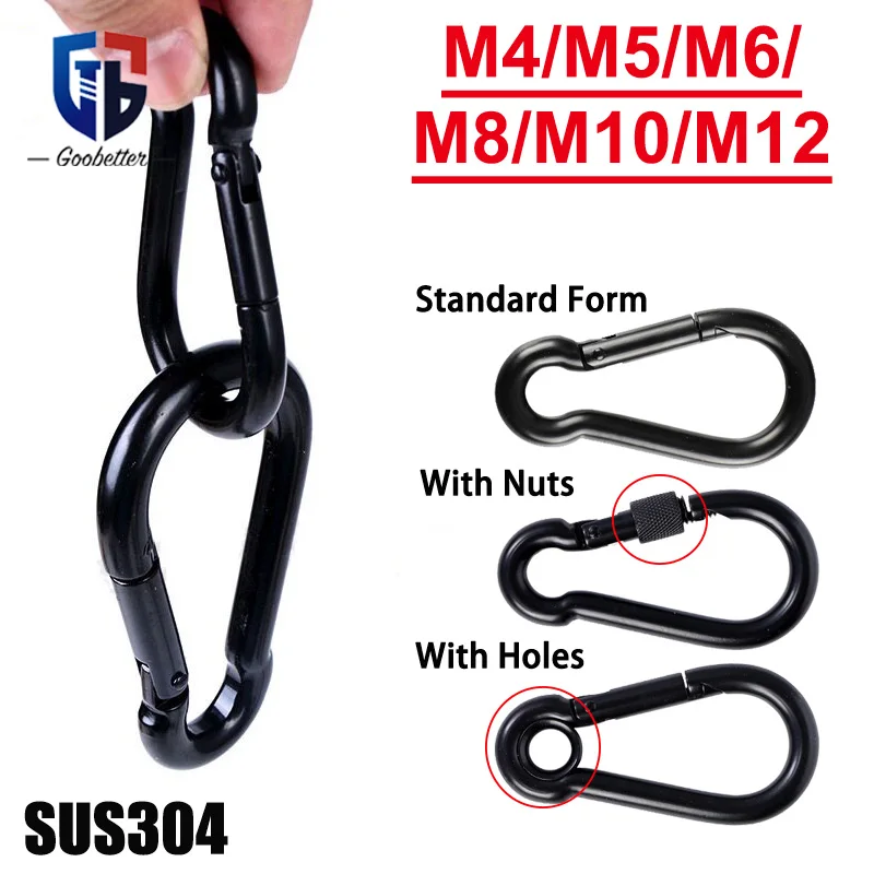 M4 M5 M6 M8 M10 M12 Black 304 Stainless Steel Spring Carabiner Hook Heavy Duty Multifunctional Spring Snap Load Bearing Clips
