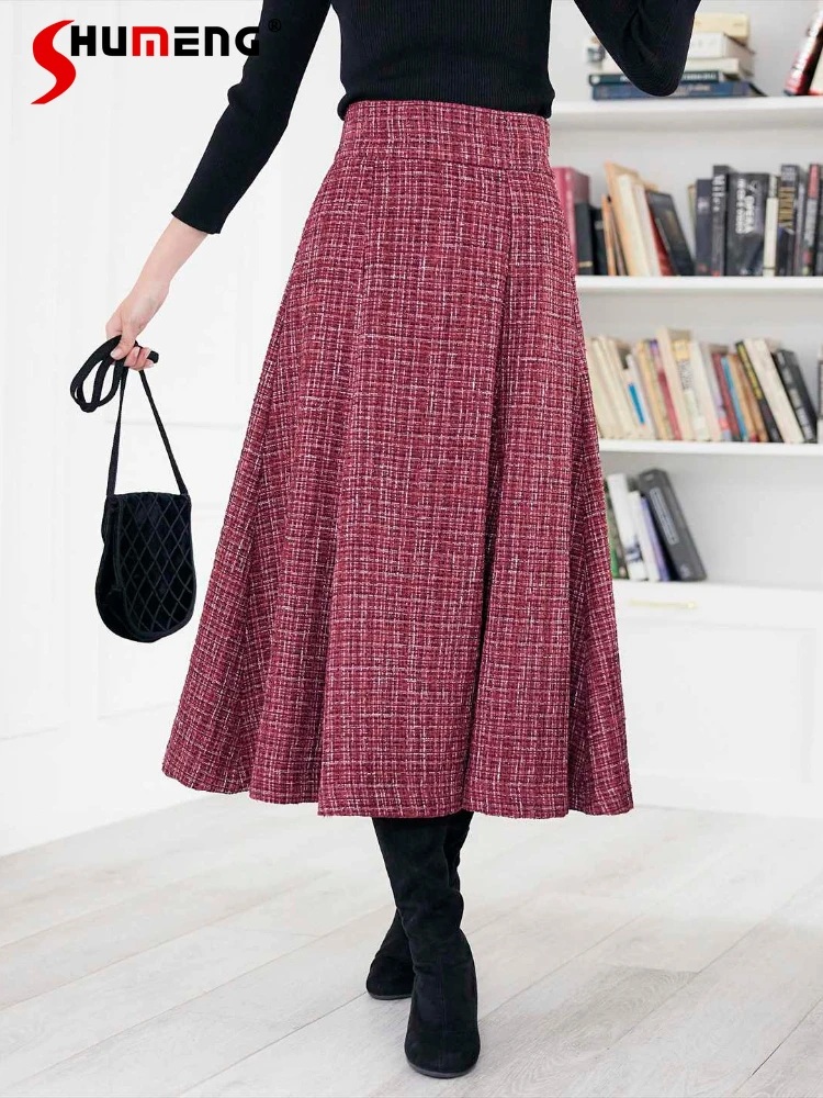 

Japanese Office Ladies Large Swing Chunky Mid-Length Skirt 2023 Autumn and Winter New Elegant Woman A- Line Plaid Suit Skirts