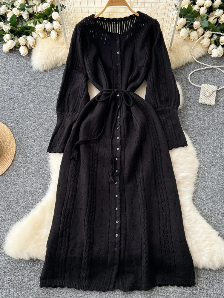 Elegant Autumn Solid Knitted Dresses for Women Sweet Hook Flower Hollow Strap A-line Korean Fashion Casual Vestidos Mujer New