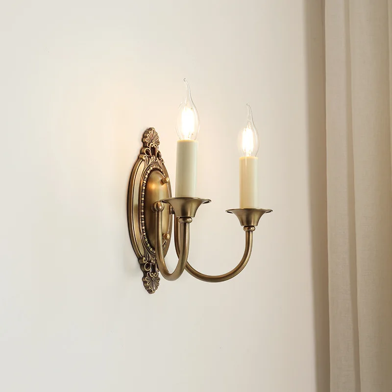 

Deep bronze American retro candle lamp Medieval light French living room background wall Bedroom bedside lamp Stair wall lamp