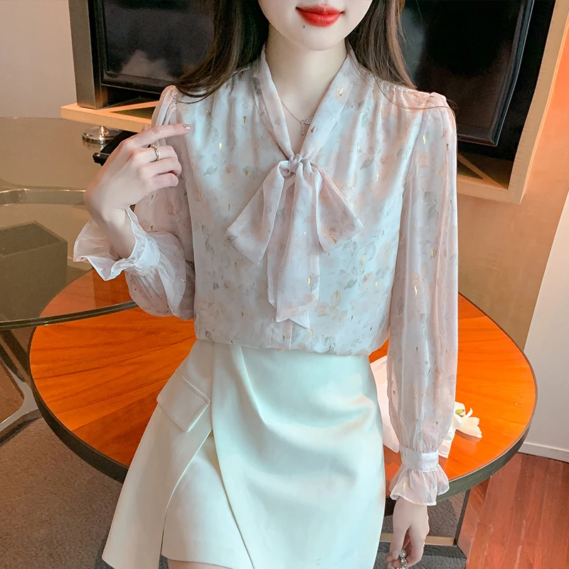 New Fashion New  Long Sleeve Bow Collar Women Blouse Casual Print Chiffon Blouse Shirt Women Tops Blusas Mujer De Moda 2024 H269