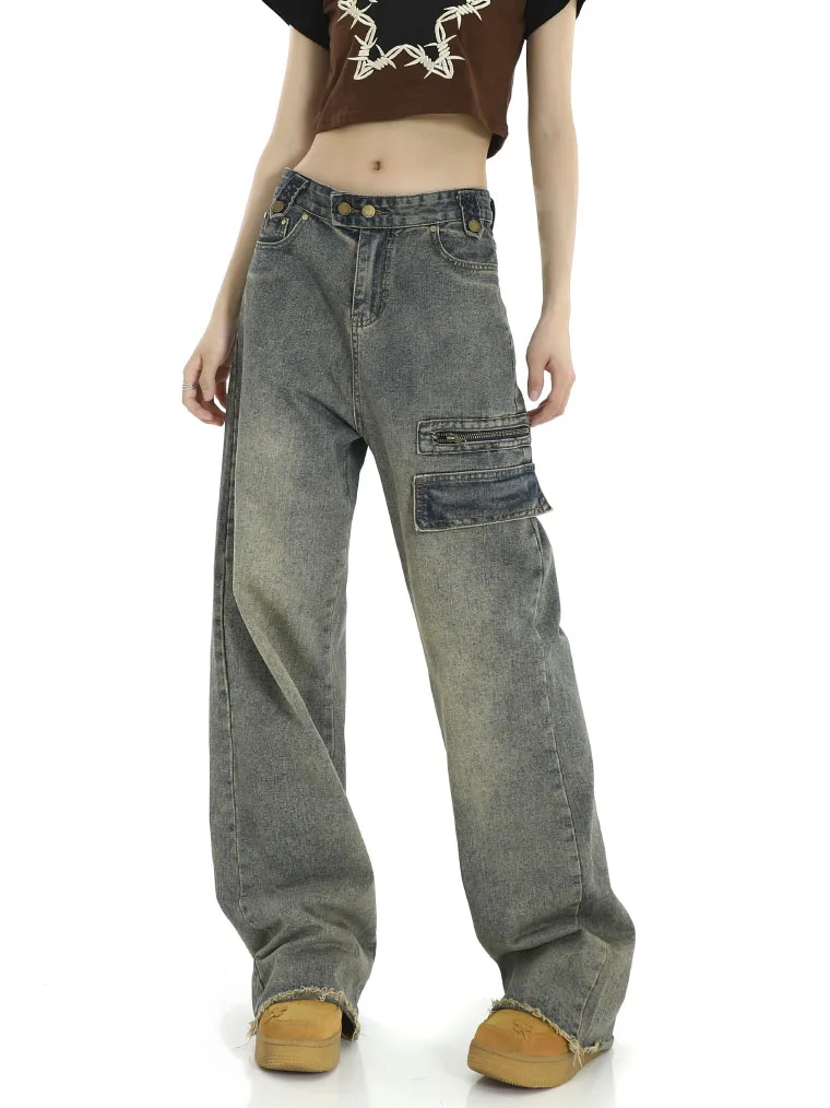 Jeans largos de cintura alta para mulheres, streetwear vintage, moda coreana Y2K, calças jeans, perna reta e larga, feminina, outono, 2023