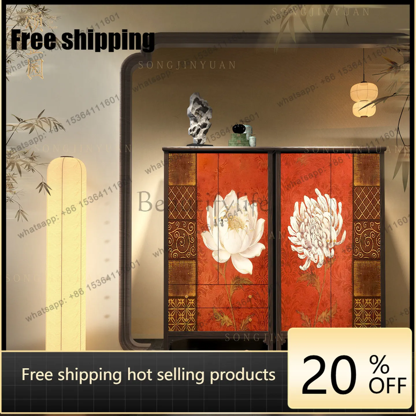 LX new Chinese lotus solid wood wardrobe storage integrated installation-free customization