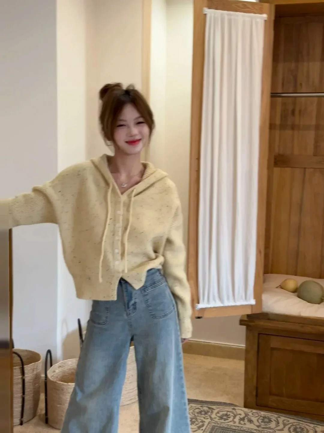 

Lazy style retro sweater for women's autumn and winter 2024 new hooded knitted sweater cardigan top