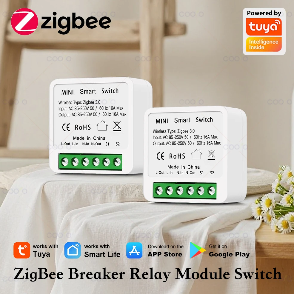 Tuya ZigBee 16A Smart Switch Mini 2 Way Control Breaker Relay Module Home Automation Voice Control with Alexa Google Home