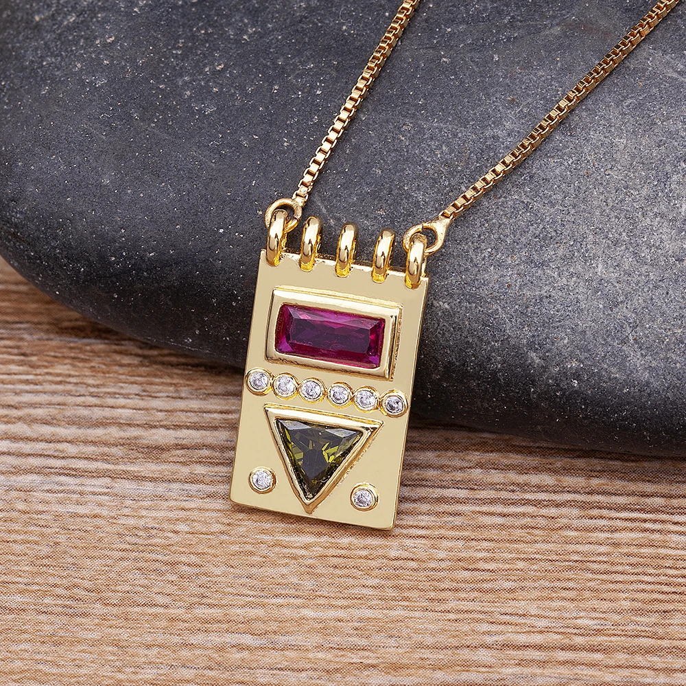 Nidin Geometric Triangle and Rectangle Vintage Pendant Gold Plated Colorful Zircon Chain Long Necklace Fashion Jewelry Wholesale