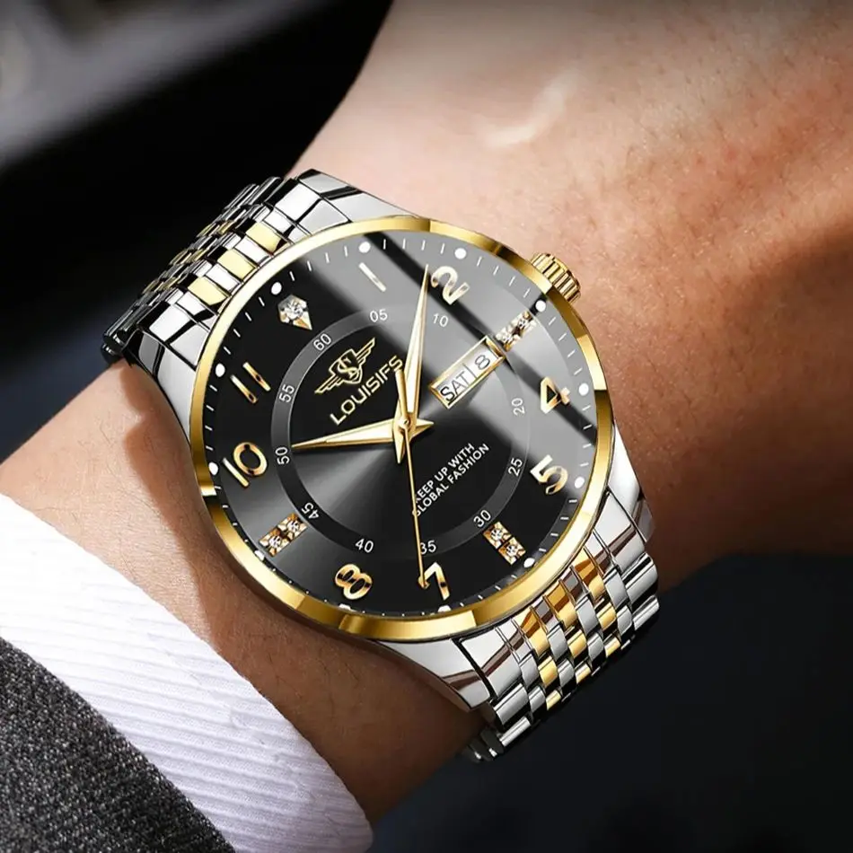 남성용 워터 다이아몬드 럭셔리 야광 더블 캘린더 쿼츠 무브먼트 40mm 블루 골드 스테인리스 스틸 패션 비즈니스 시계