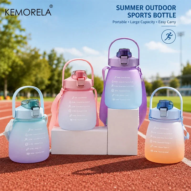 1.3L Large Capacity Sports Water Bottle with Straw Gradient Color Women's Outdoor Running Portable Plastic Bottle