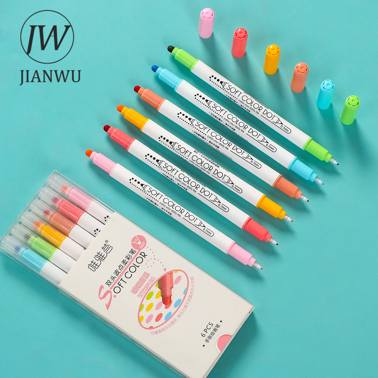 JIANWU 6Pcs/Set Cute Creative Double Head Highlighter Polka Dot Soft Color Pen Student Drawing Marker Kawaii Stationery Supplies