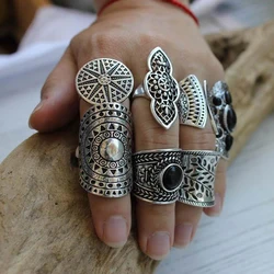 8 Pcs/Set Vintage Silvery Sun Geometric Pattern Engraved Ring for Women Men Boho Gypsy Afghan Ethnic Bride Wedding Rings Jewelry