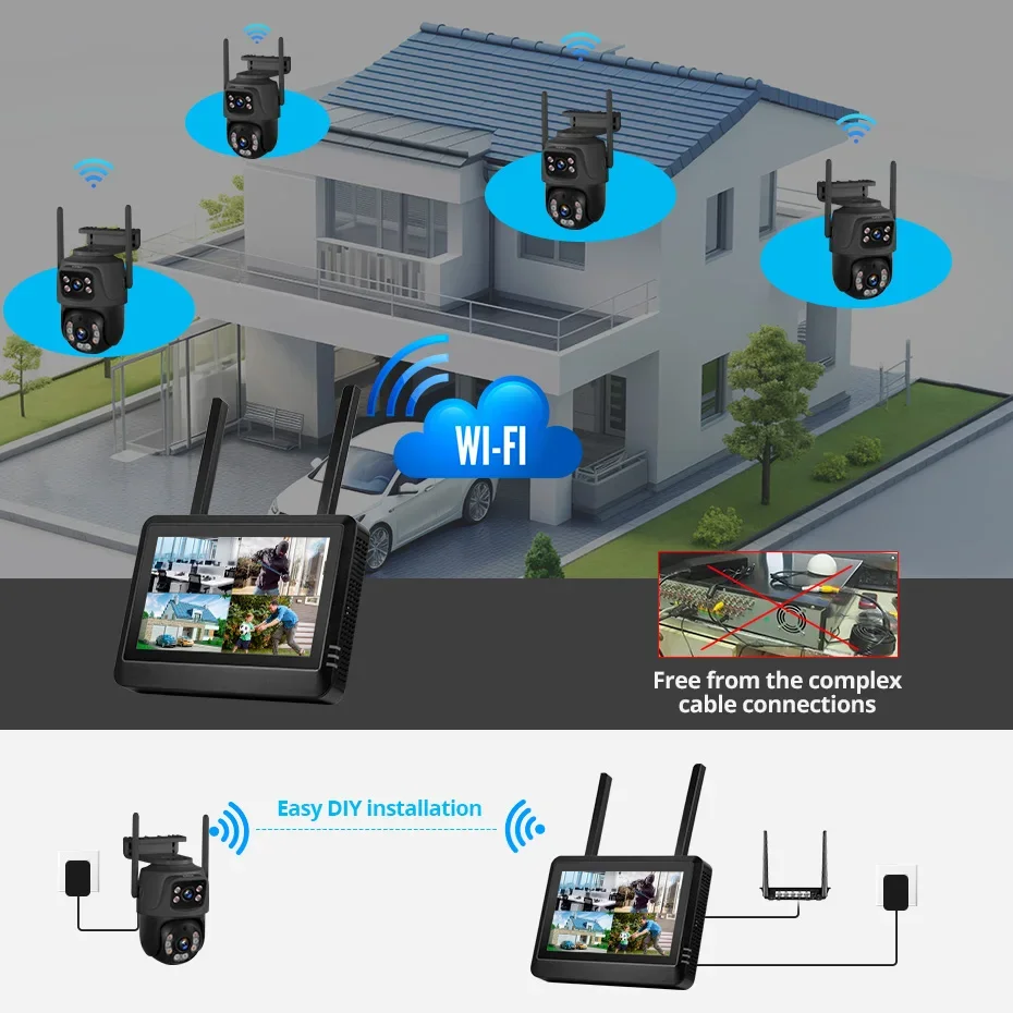 FUERS 7 inch NVR Screen 8CH Wireless NVR Security Outdoor Camera WIFI System Kit H.265 Surveillance CCTV Audio Video Recorder iC