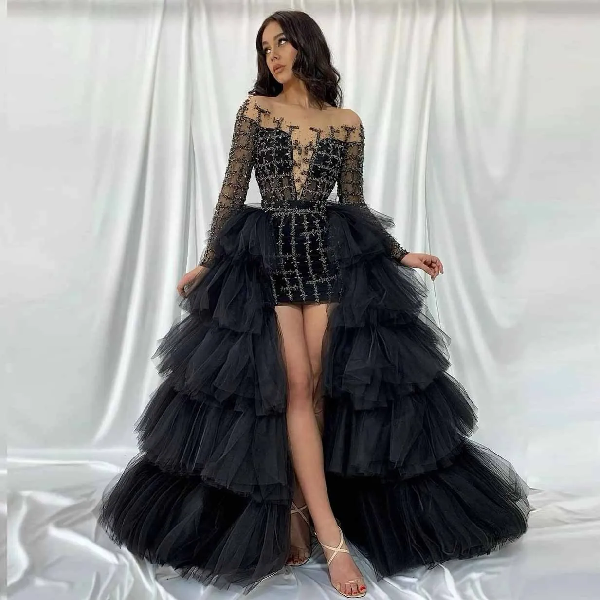 New Black Ruffled Tiered Tulle Detachable Skirts Women Wedding Skirt Long Puffy Tulle Hand Made Bridal Petticoat Custom Made