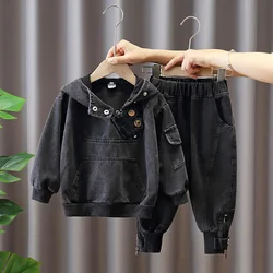 2-8Y Kids Boys Pullover Denim Jackets+Pants 2Pcs Spring Autumn Children Clothes Sets Streetwear Cool Boys Hooded Jean Coat Suits