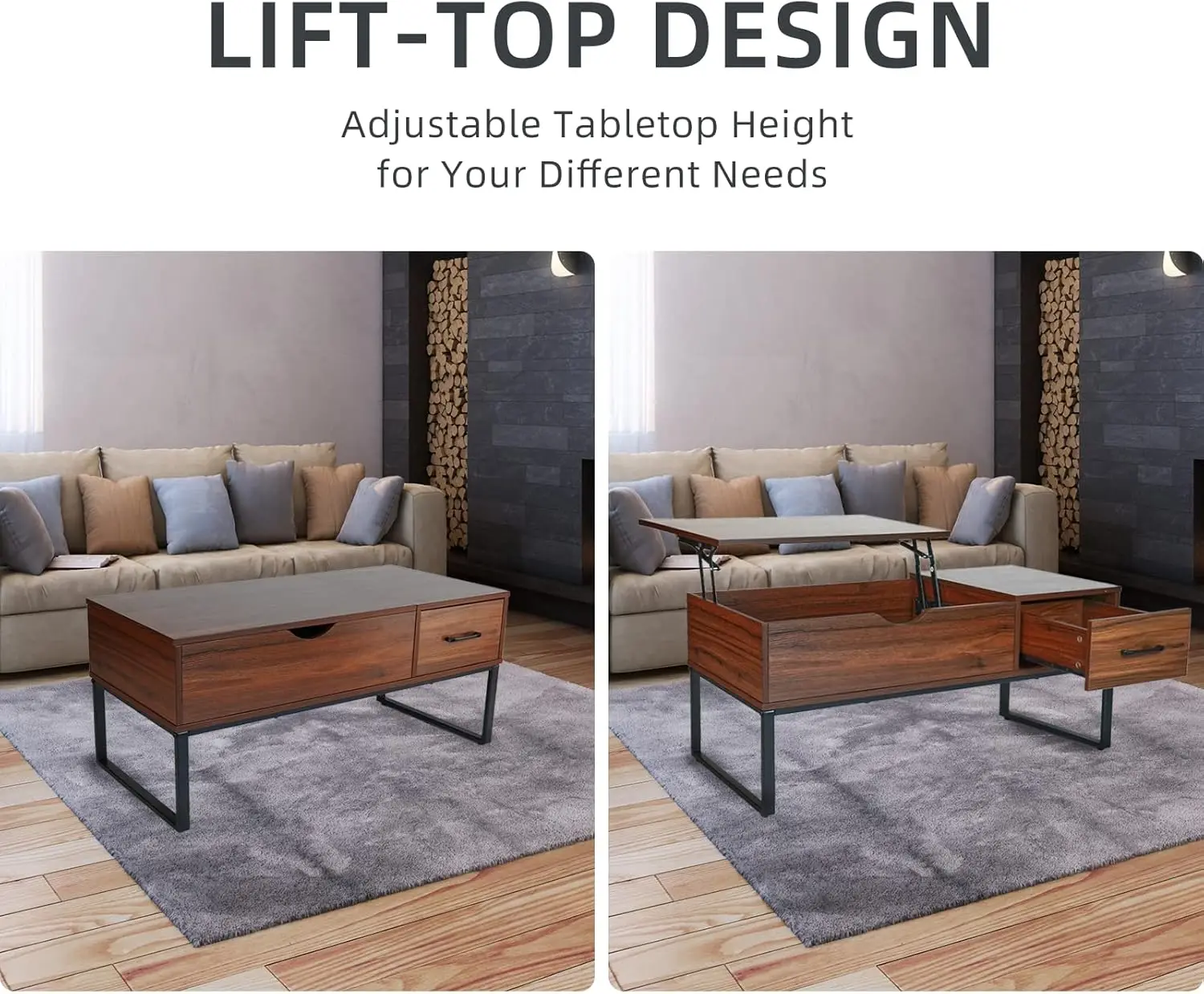 Coffee Table, Lift Top Coffee Table with Drawers and Hidden Compartment, Retro Central Table with Wooden Lift Tabletop,