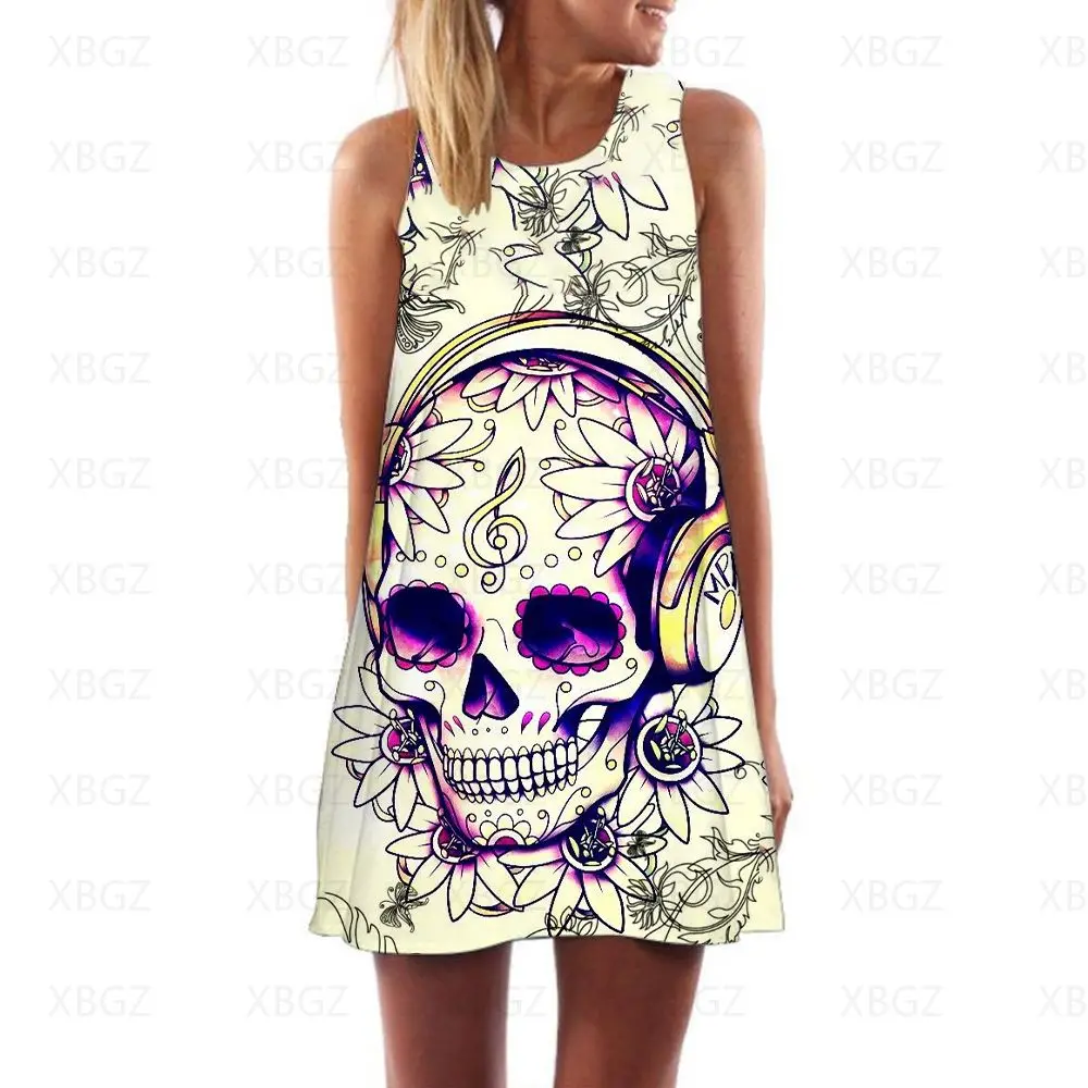 

Beach Dress Fashion Party Dresses Print Sexy Loose Mini Gothic Boho Sleeveless Elegant Women Skull Flower Summer 2022 Sling Prom