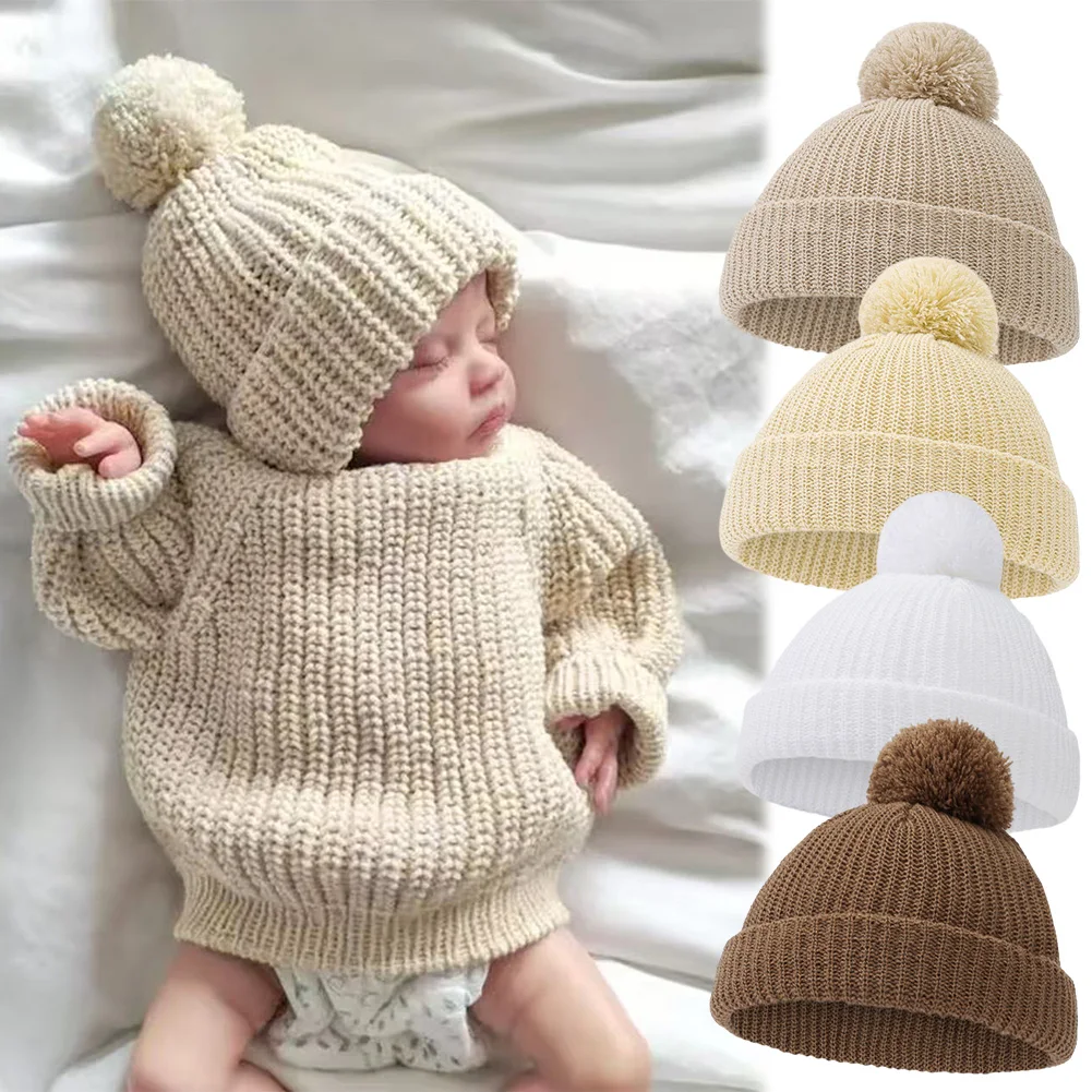 Solid Pom Knitted India Hats Infant 0-12M Boys Girls Folded Crochet Ins Fall Winter Warm Beanies Newborn Caps Headwraps