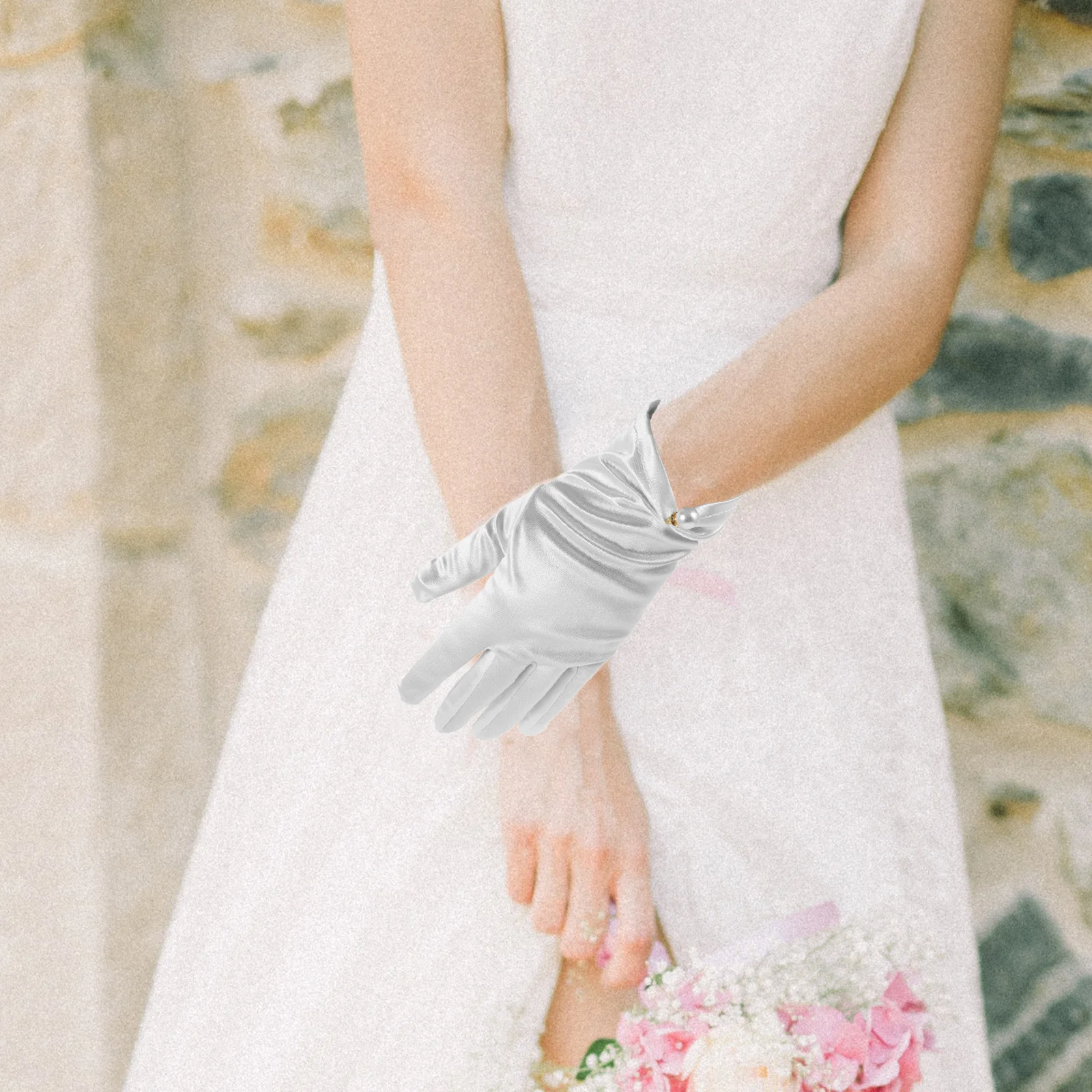 1 زوج قفازات الزفاف الدانتيل الأبيض قصيرة الساتان طول المعصم أنيقة القوس تصميم الزفاف التصوير الفوتوغرافي اللؤلؤ الديكور #2