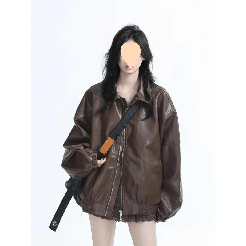 2025 New Brown Motorcycle PU Leather Jacket Women's Loose Long Sleeves Retro Style Autumn Fashion Lapels Spliced Women's Coat