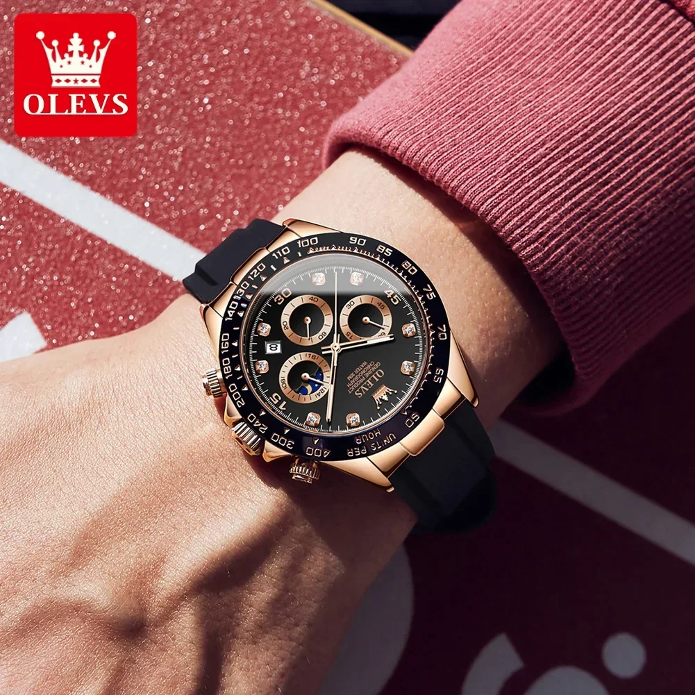 OLEVS 2875 Fashion Silicone Strap Men Wristwatches, Quartz Multifunctional Waterproof Watch For Men Luminous Chronograph