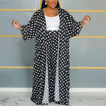 플러스 사이즈 투피스 세트, 여성 매칭 수트, 도트 인쇄 상의 및 바지 세트, 캐주얼 가을 겨울, 도매 직송