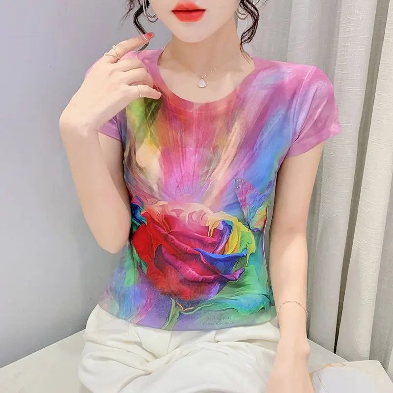 Women's Clothing Summer New Fashion Commuter Geometric Printed Tie Dye Round Neck Short Sleeve Slim All-match Chic T-shirts Tops image 2