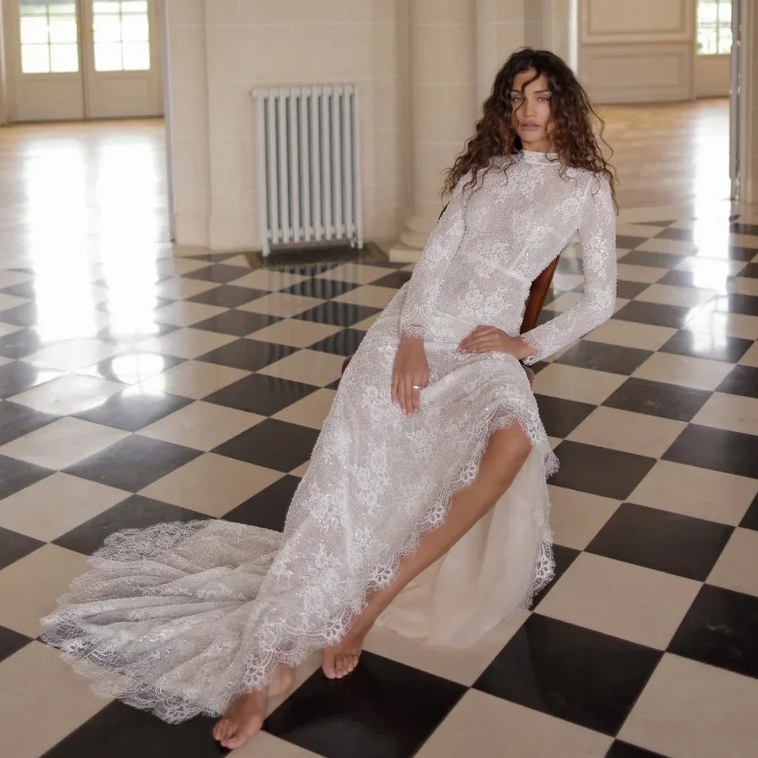 

Illusion Lace Wedding Dresses Detachable Train Long Sleeves Vestido de Novia 2 Pcs Bridal Party Gowns Robe De Soirée Customized