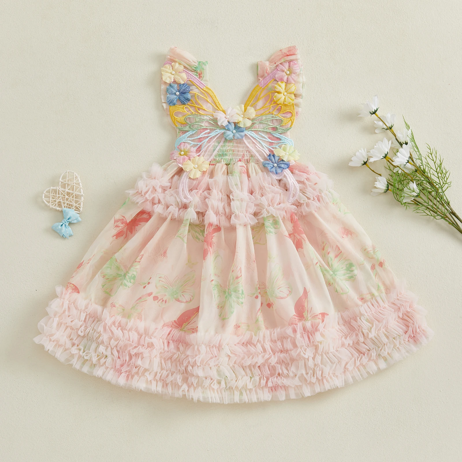 1-5Y Toddler Girls Cute Dress Butterfly Print Fly Sleeve Frills Tutu A-line Dress Kids Fashion Casual Summer Dresses