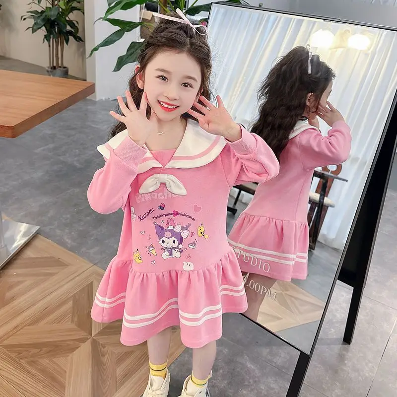 Kawaii Sanrios Kuromi Kids Long Sleeve Dress Girls Preppy Pleated Skirt Navy Neck Fashion Sweet Princess Dress Kids Clothes Cute