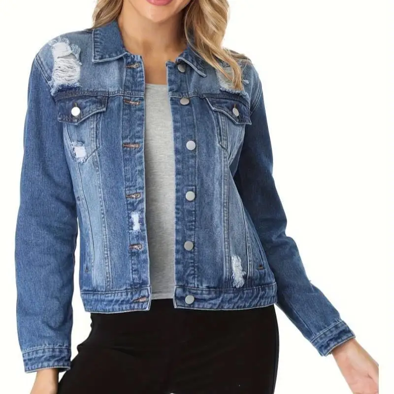 เสื้อแจ็คเก็ตยีนส์ผู้หญิงทรงลำลอง รุ่นใหม่ปี 2025 ดีไซน์ไขว้ ติดกระดุม  สำหรับวัยกลางคน