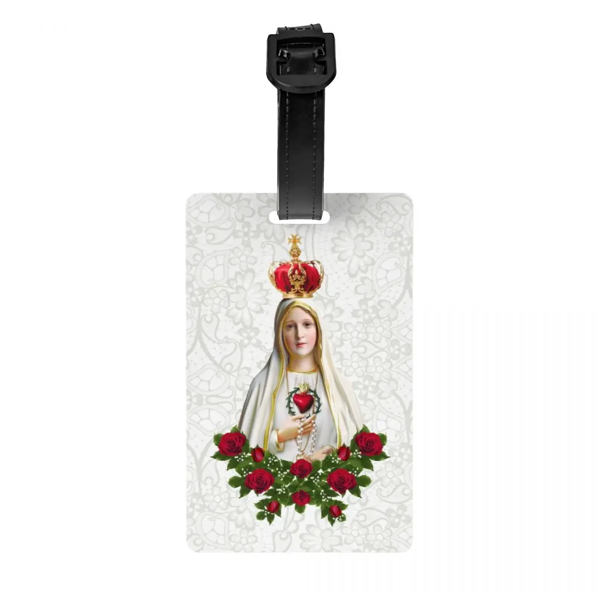 Etiqueta de equipaje de la Virgen María de Nuestra Señora de Fátima para maleta de viaje, Rosario de Portugal, cubierta de privacidad católica, tarjeta de identificación con nombre