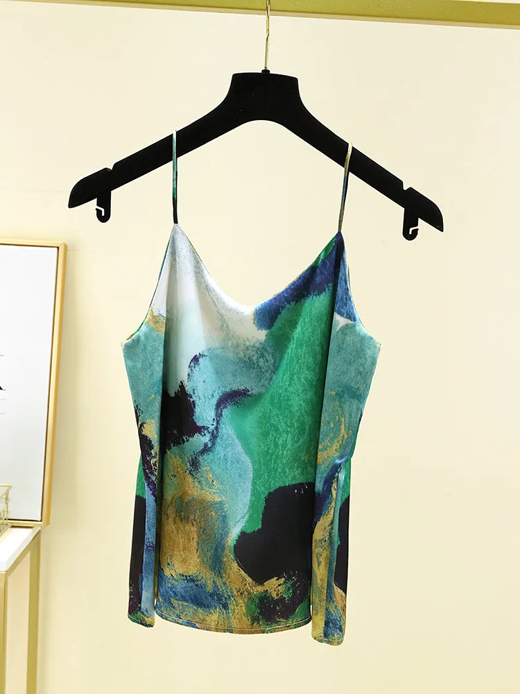 2026 New Silk Satin Camisole Women Chinese Ink Painting Print Spaghetti Strap Tank Top Summer Casual Layering Cami Green
