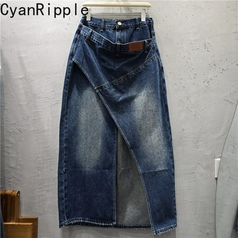 American Fashion 2026 New Autumn Irregular Patchwork Split Mid-length A-line Skirt Solid Color Vintage Elastic Waist Denim Skirt
