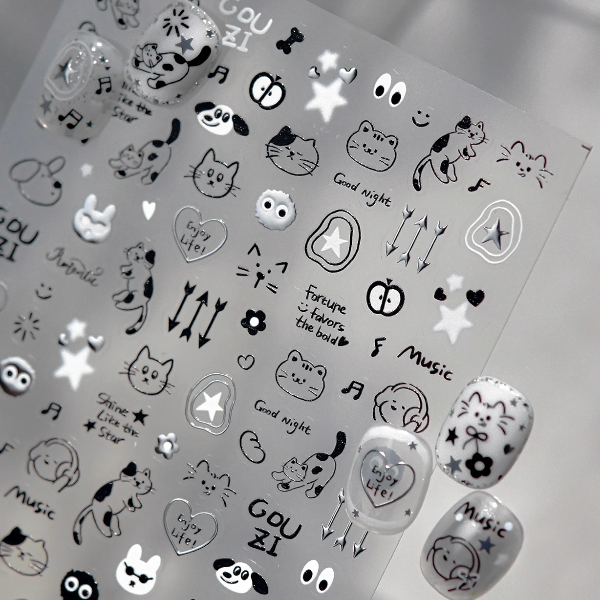 Dessin animé mignon Graffiti étoile pomme ours noir chat Note musique lettre une ligne lapin amour coeur Nail Art autocollants bricolage manucure décalcomanies