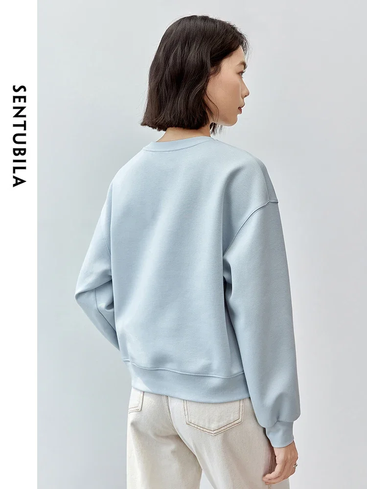 SENTUBILA Embroidery Knitted Sweatshirt for Women 2024 Autumn Winter Cotton Casual Loose Fit Solid Simple Pullovers 143A56381