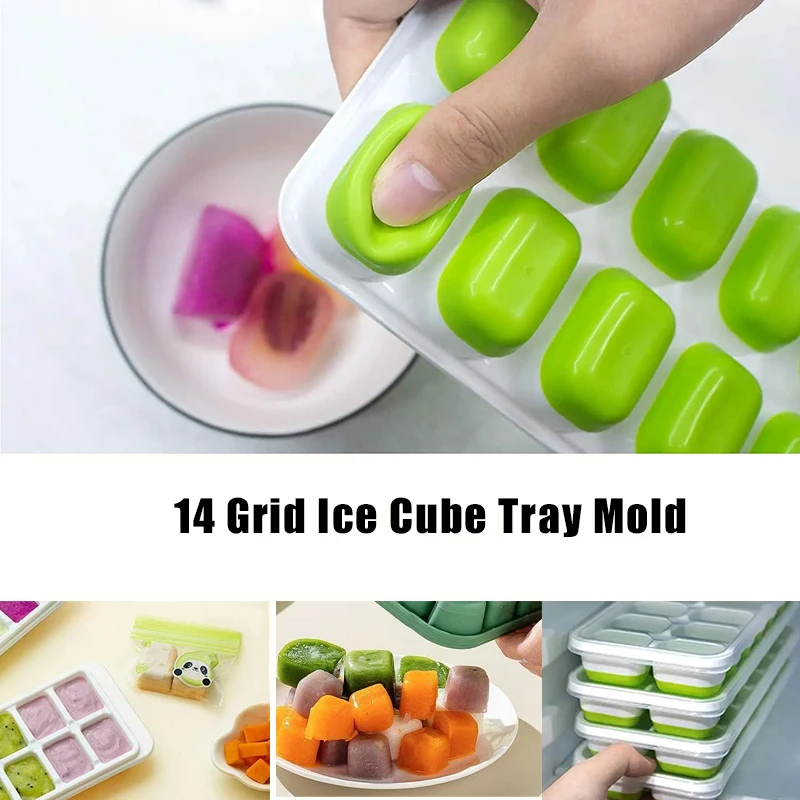 

14 Cube Ice Blocks Molds Ice Cube Tray Mold With Lid Silicone Square Diy Baby Supplementary Meat Puree Ice Food Storage Box