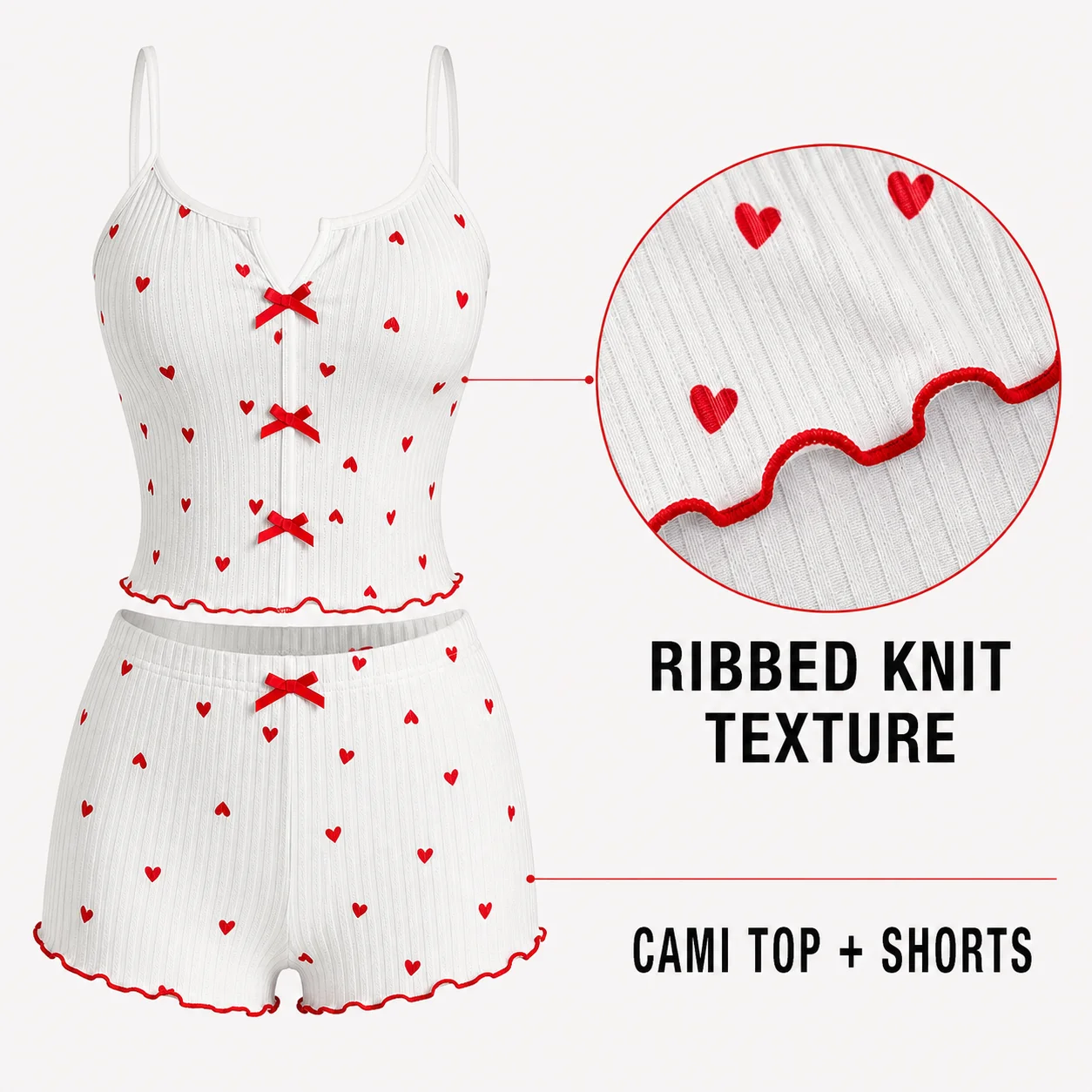 Women's Heart Print Pajama Set Ribbed Cami Top and Shorts, Lightweight Summer Loungewear with Adjustable Straps S-XL