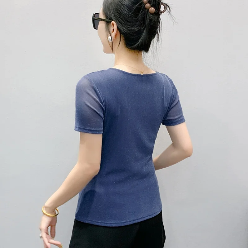 M-3XL Women's European T-Shirt Fashion Skew Collar Diamond Streetwear Short Sleeve Slim Tee Lady Summer New Mesh Tops