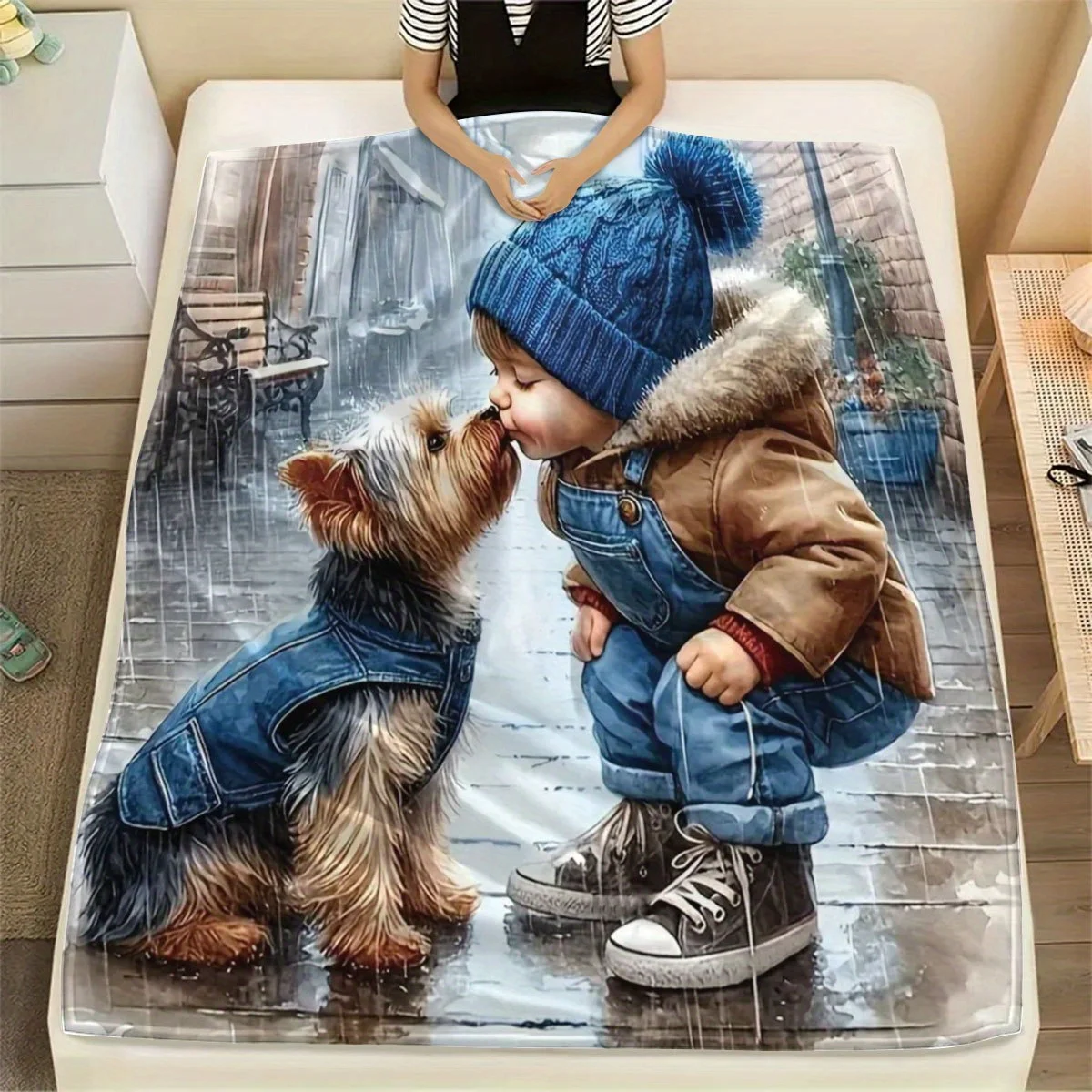 Adorable Yorkshire Terrier Dog Theme Throw Blanket - Cozy Boy and Pet Puppy in Rainy Weather Scene for Sofa Office Travel