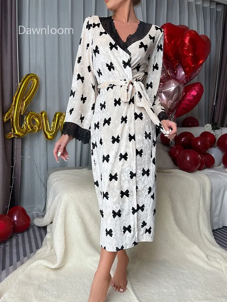 Women's Velvet Bow-Knit Lace Nightgown Long Strap Fitted Bodice Black White Contrasting Home Wear Outerwear