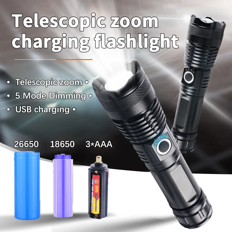 

Retractable zoom flashlight USB rechargeable aluminum alloy LED strong light long-range outdoor super bright mini flashlight