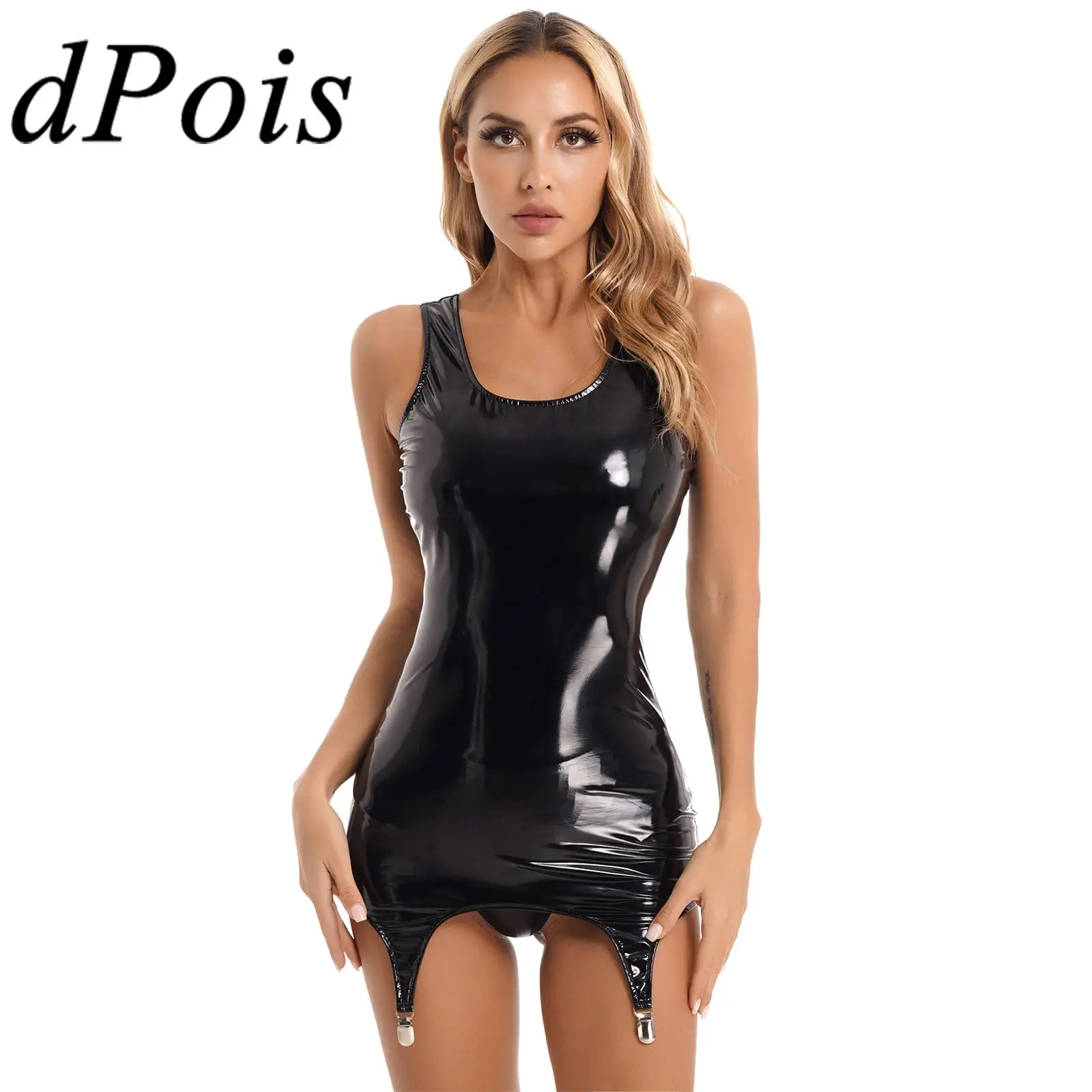 Vestido feminino sem mangas de látex com clipes de metal, Mini Bodycon, olhar molhado, traje Rave Clubwear, couro envernizado, sexy