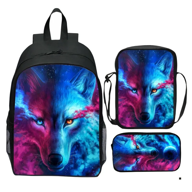 حقيبة ظهر مطبوعة على شكل سماء مرصعة بالنجوم من الكون مكونة من 3 قطع على شكل حيوان وولف أسد حقيبة كتف صغيرة حقيبة أقلام