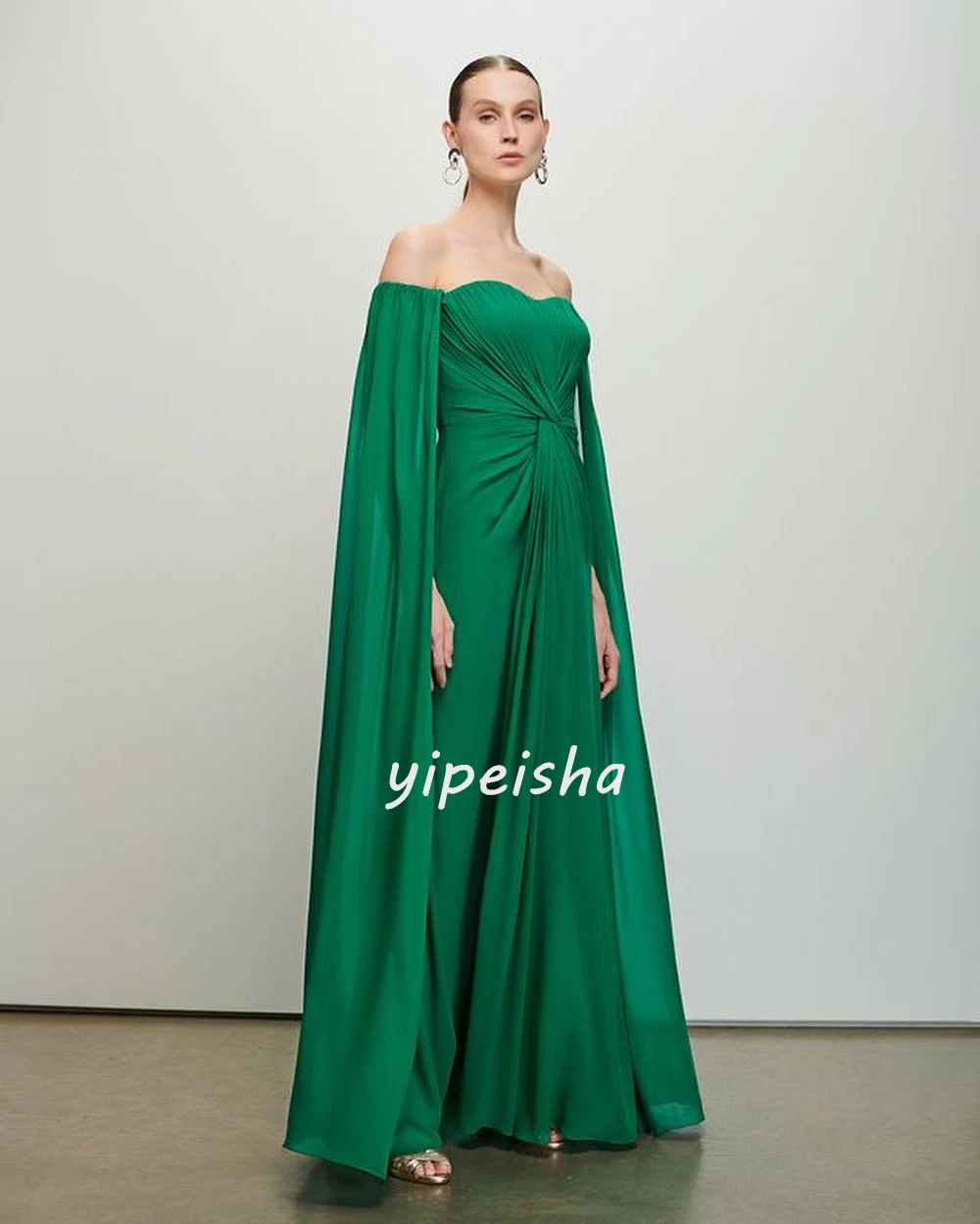 Maßgeschneidertes Chiffon-Partykleid mit Rüschen, A-Linie, schulterfrei, maßgeschneidertes Anlasskleid, lange Kleider