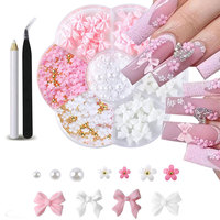 1box 3D Flower Bow Nail Art Decorations Kit Pink/White Acrylic Floral/Peal Beads Nail Charm with Wax Pen/Tweezer 4/6mm Nail Part