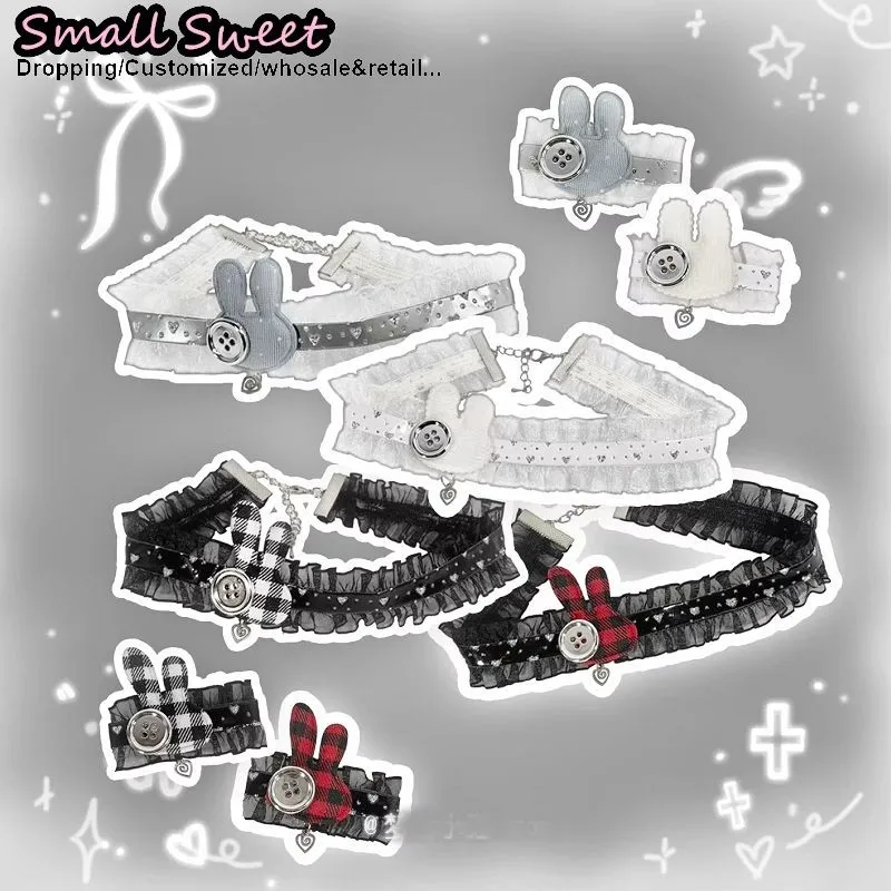 Handmade Choker Necklaces Mechanical Punk Bunny Ruffled Lace Sweet Cute Kawaii Collar Lolita Chain Cecklace Women Hairpin Clip