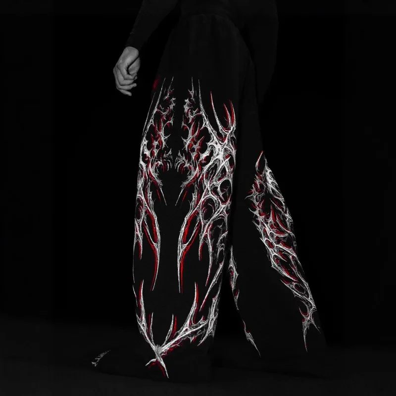 Men's Gothic Graphic Print Wide Leg Sweatpants Streetwear Loose Straight Drawstring Casual Hip Hop Fitness Sports Trousers