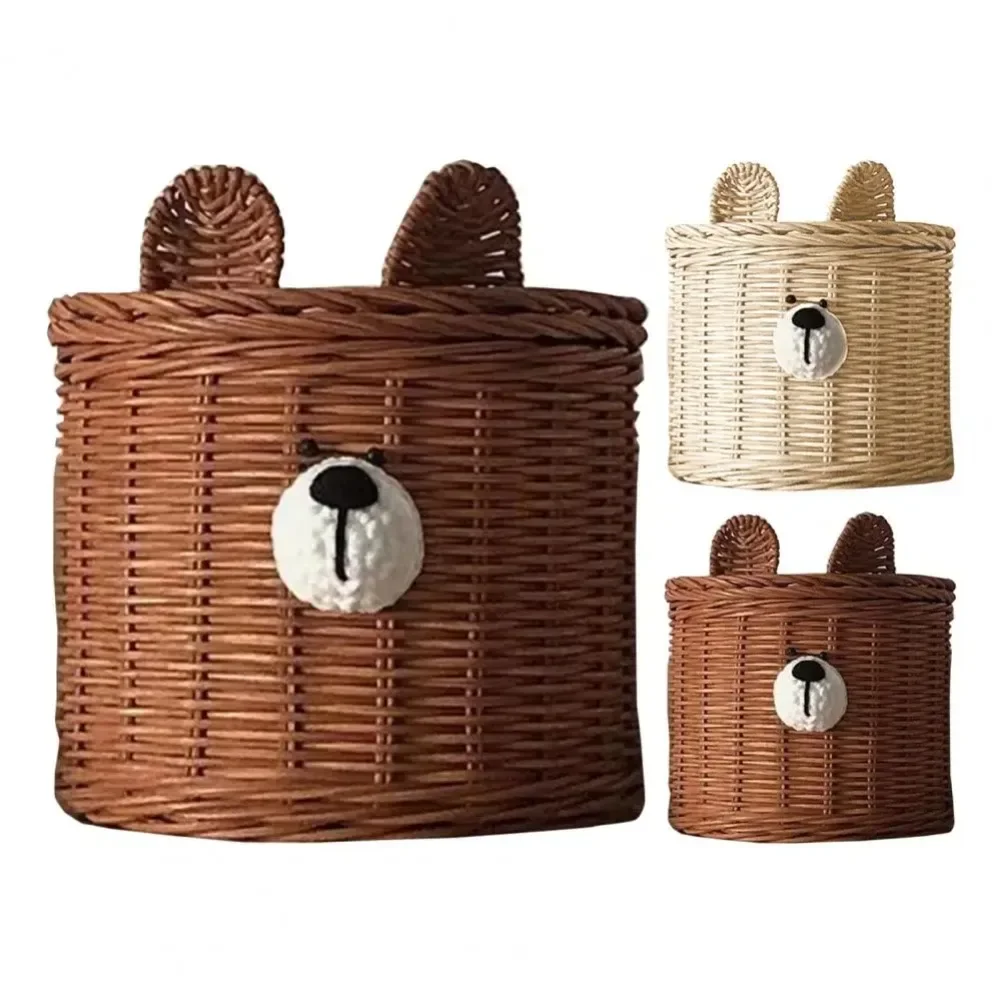 Handmade Rattan Weave Tissue Box Cute Little Bear Tissue Case Desktop Napkin Holder Roll Tissue Case A Living Room Decorations