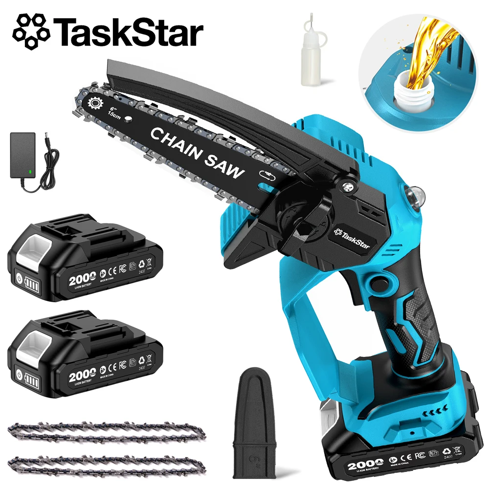TaskStar 6-Zoll-Bürstenlose elektrische Kettensäge mit automatischer Ölschmierung, kabellose Kettensäge mit 2 Stück 2000-mAh-Akkus zum Schneiden von Holz und zum Beschneiden von Baumzweigen
